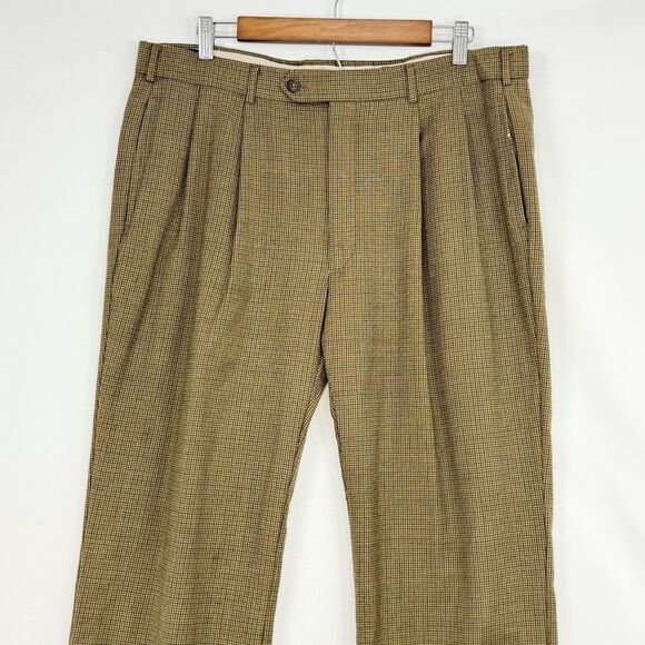 Paul Frederick Men’s 35x30 Brown Pleated Dress Pants Cuffed 100% Wool - Picture 1 of 16